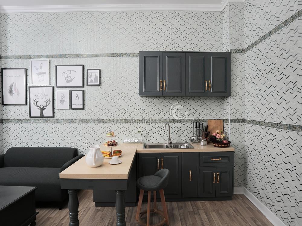 Azulejos de pared de dormitorio de mosaico de vidrio en forma de flecha cremosa